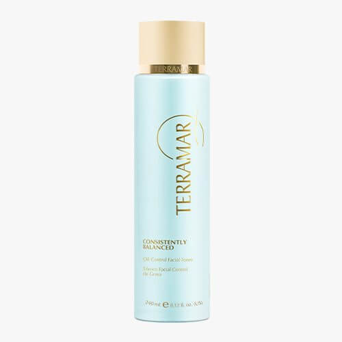 CONSISTENTLY BALANCED Oil Control Facial Toner by Terramar in a light blue bottle, designed for balanced complexion.