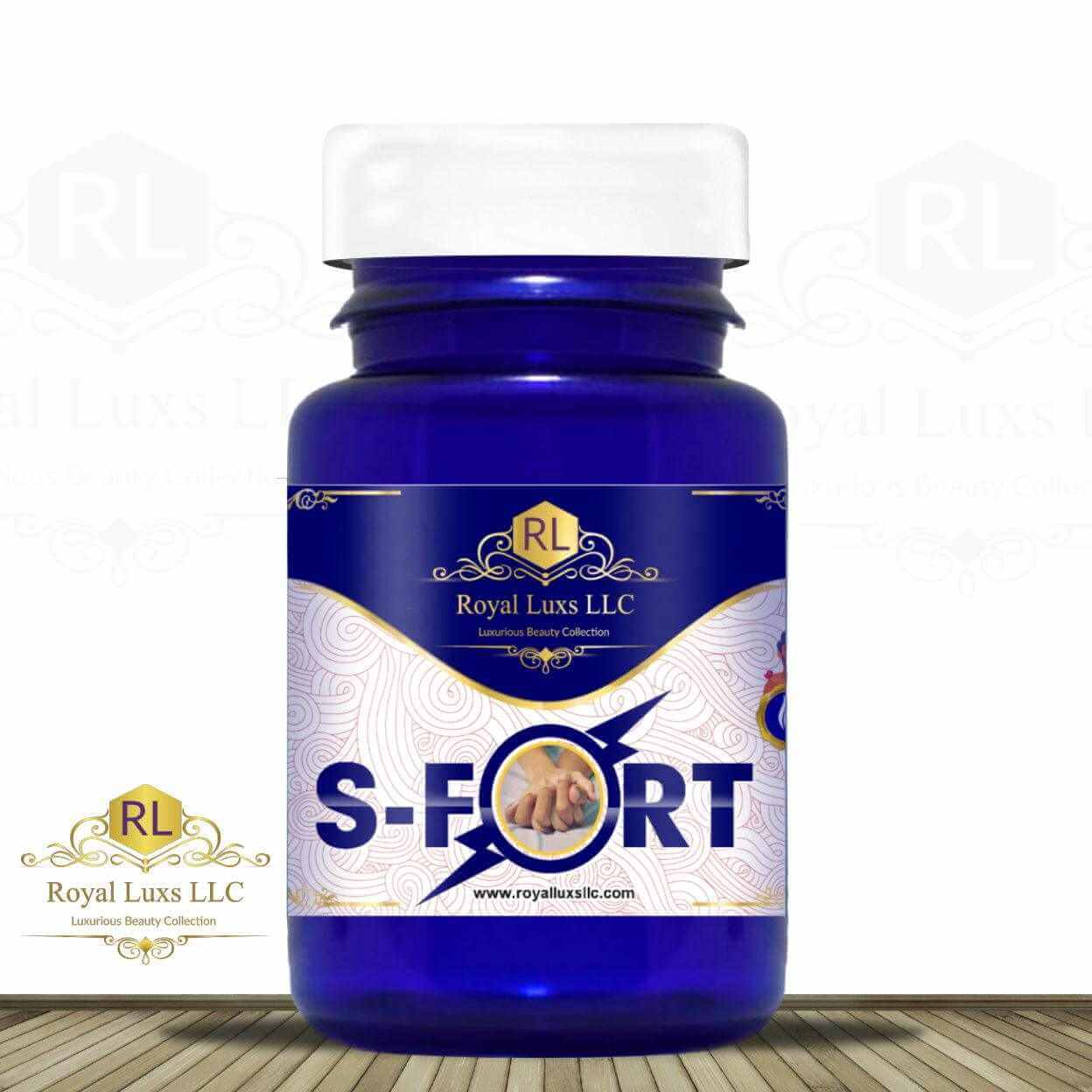 S-Fort Capsules bottle for men's vitality and performance enhancement, featuring a blue design by Royal Luxs LLC.