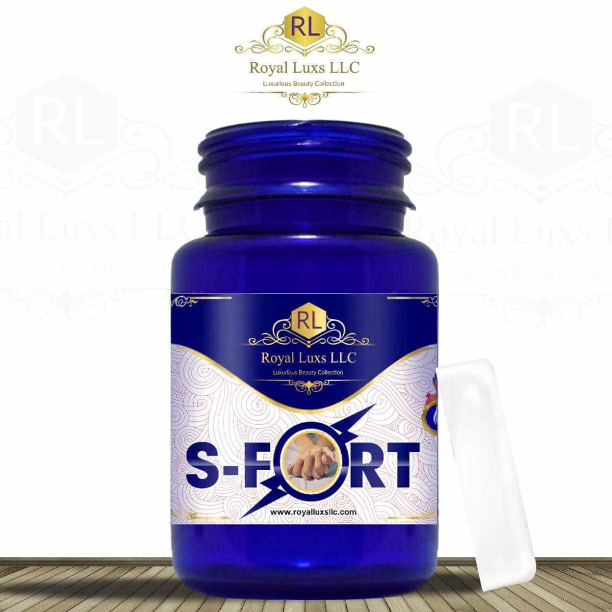 S-Fort Capsules natural enhancing solution for men in blue bottle by Royal Luxs LLC with white background.