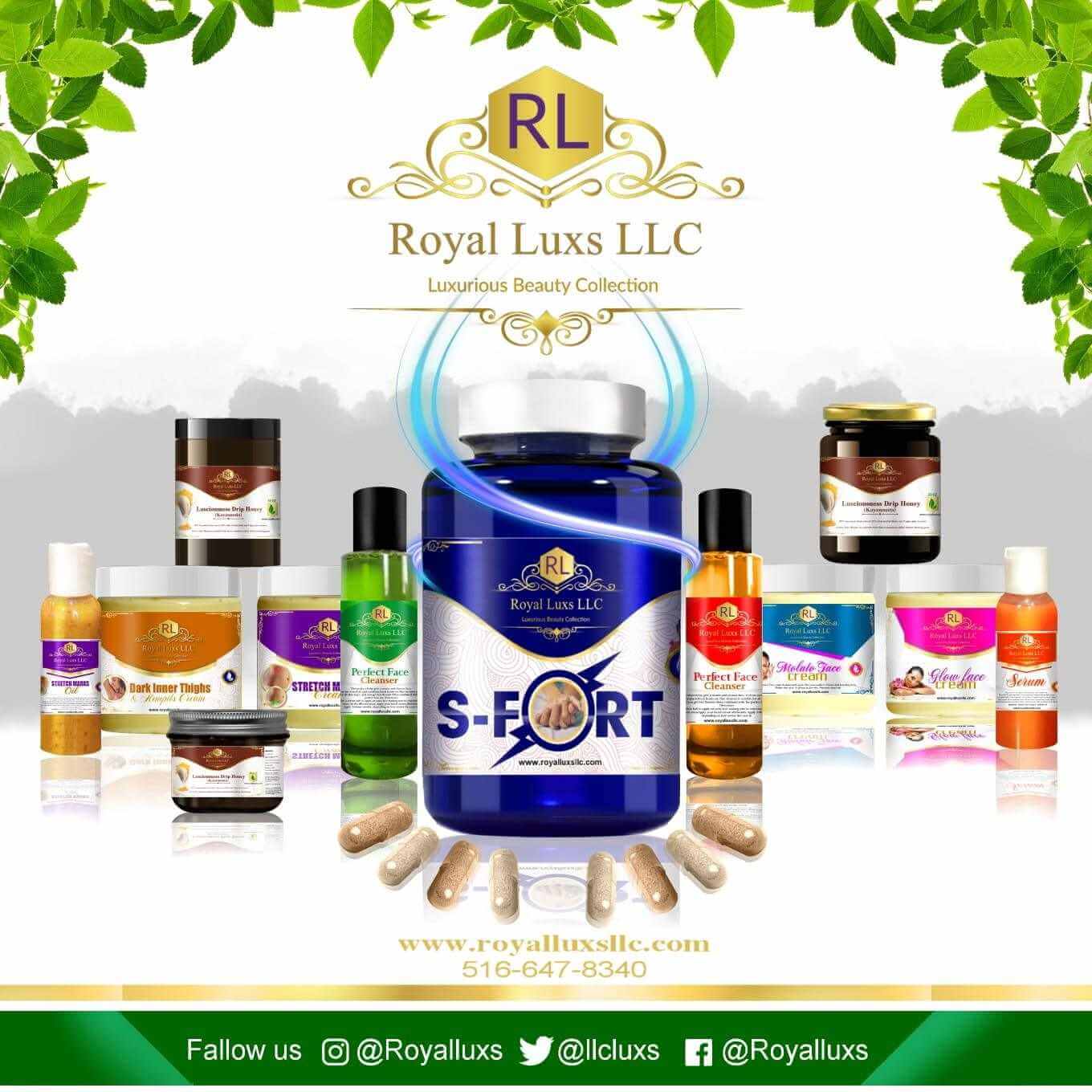 Royal Lux LLC S-Fort Capsules surrounded by various beauty products, promoting enhanced performance and vitality for men.