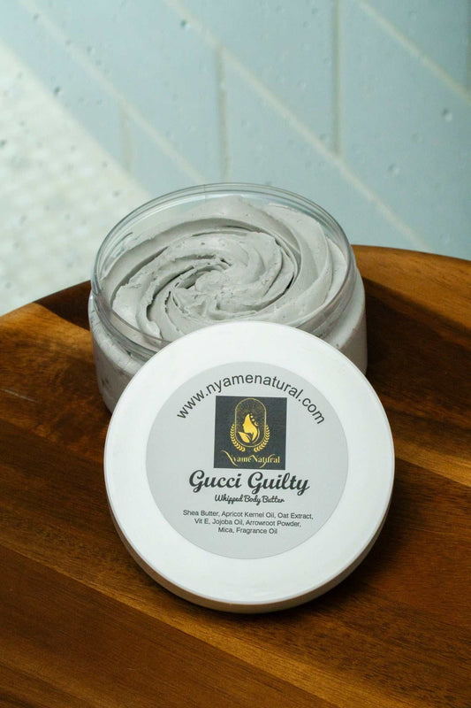 Gucci Guilty Body Butter in a jar, showcasing silky texture and luxurious fragrance for skin nourishment.