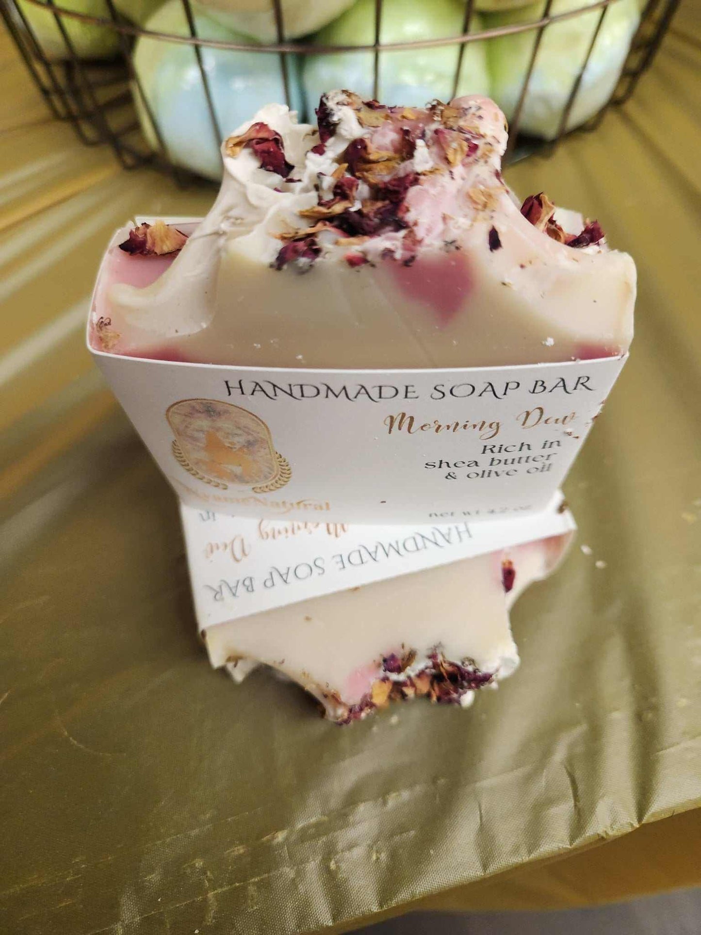 Morning Day Soap Bar with rose petals, handmade with olive and coconut oils for a luxurious cleansing experience.