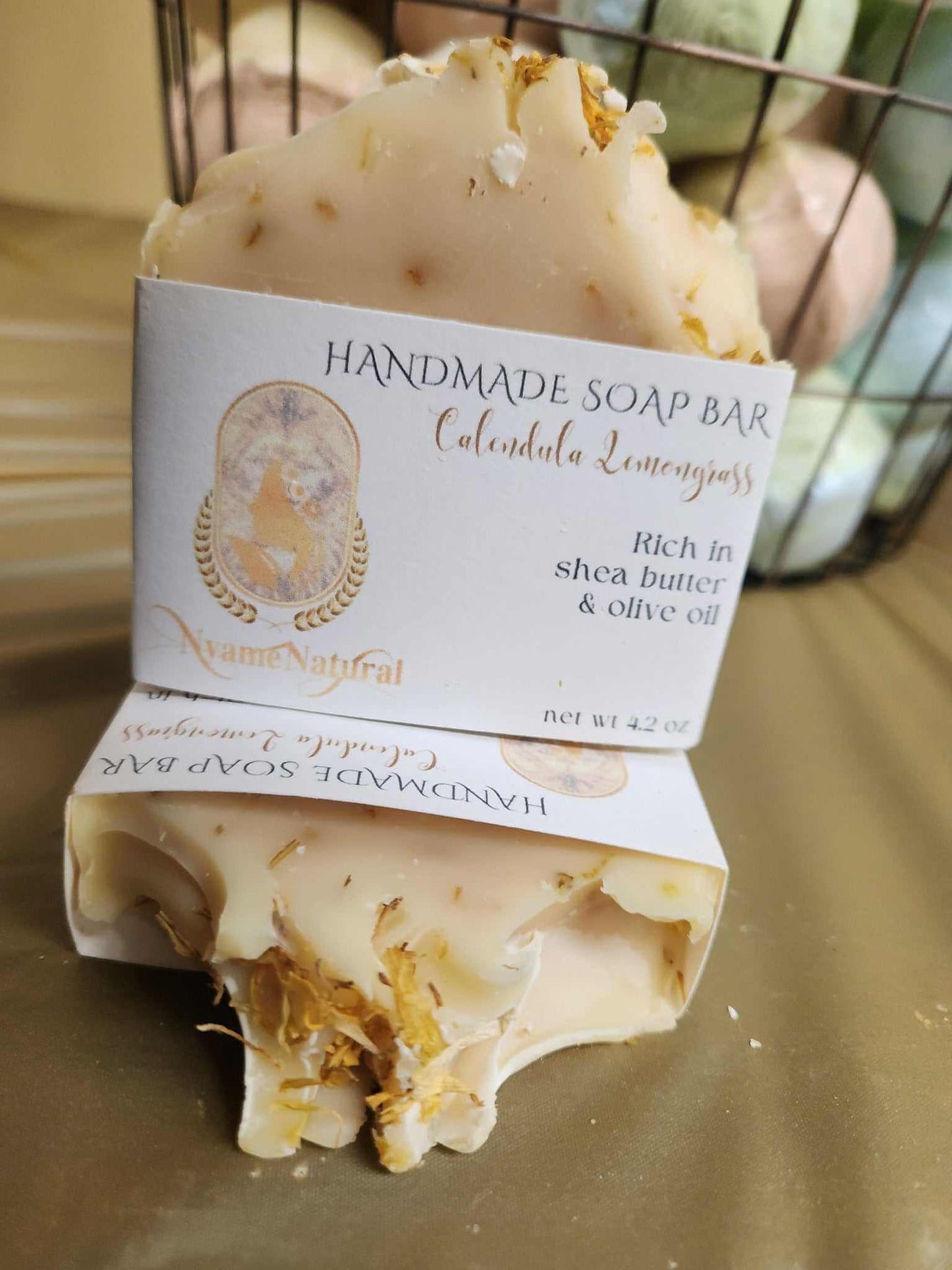 Handmade Calendula Lemongrass Bar Soap with shea butter and olive oil, perfect for moisturizing skin.