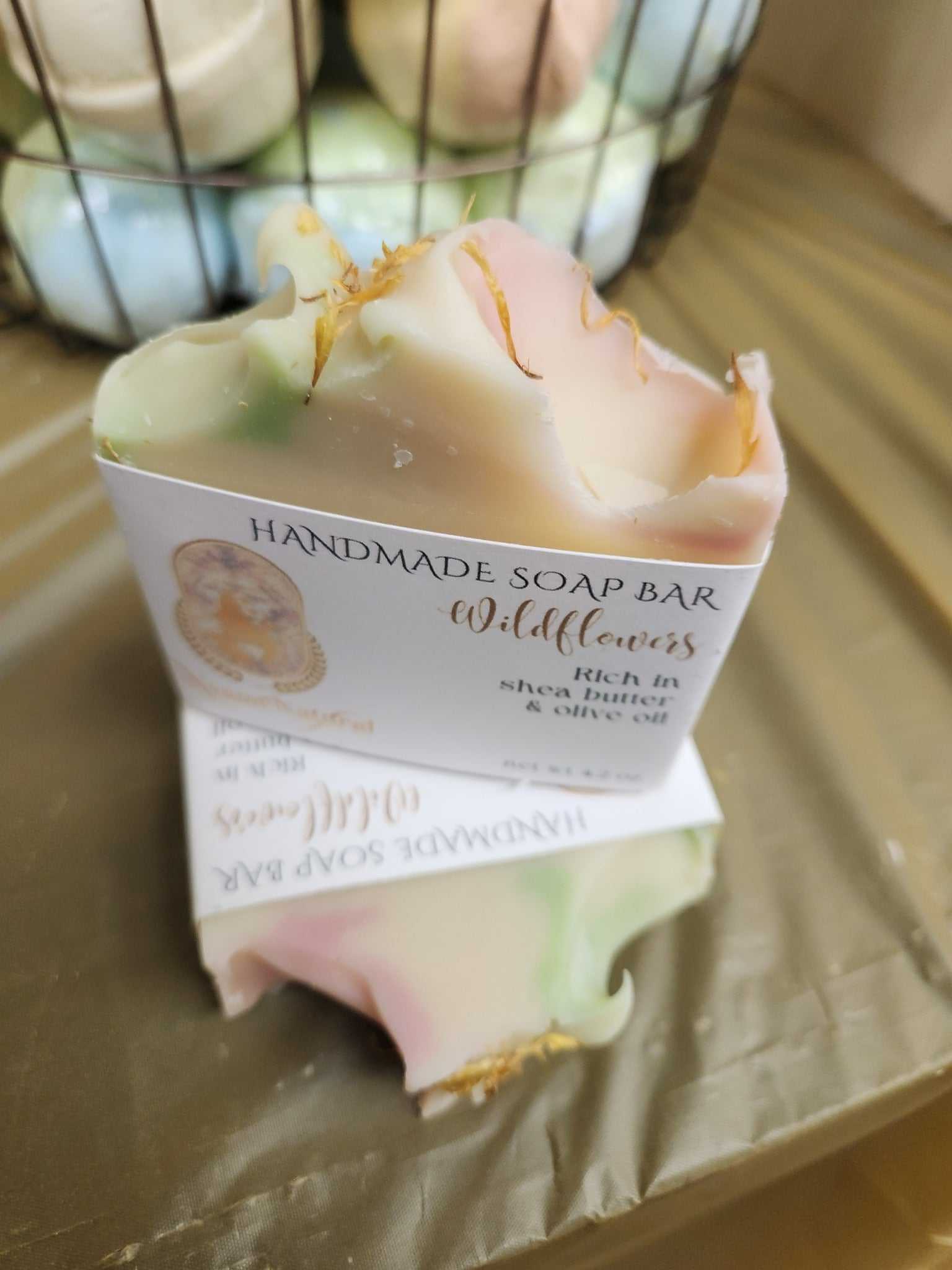 Handmade Wildflowers Soap Bar with pastel colors and natural ingredients, rich in shea butter and olive oil.