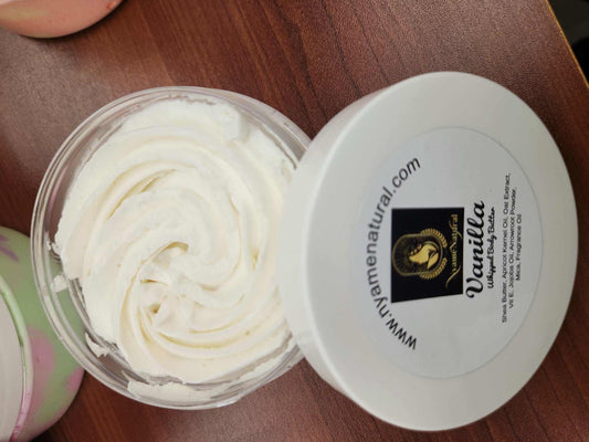 Luxurious Vanilla Body Butter in a jar, showcasing its creamy, silky-soft texture for ultimate skin nourishment.