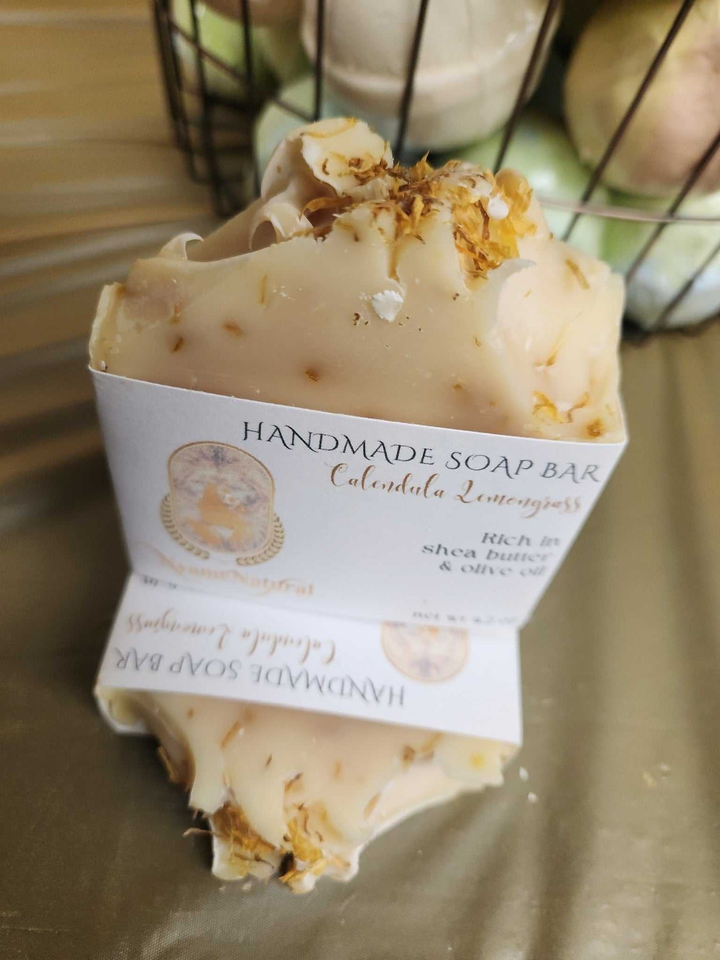 Handmade Calendula Lemongrass Bar Soap with shea butter and olive oil, ideal for nourishing and moisturizing skin.