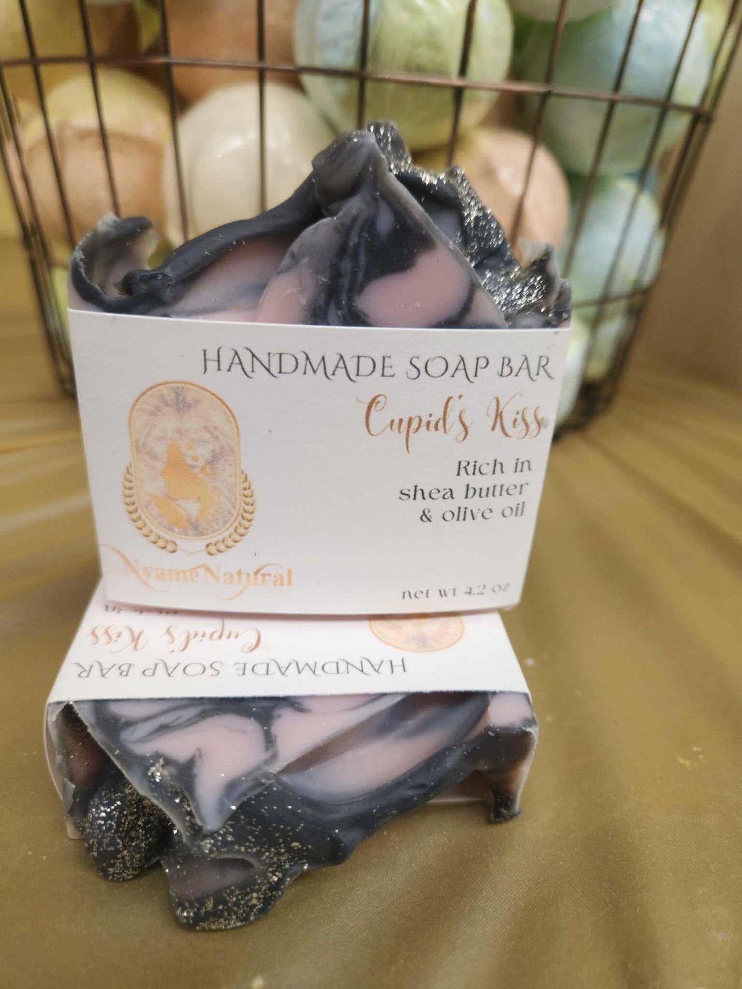 Cupid Kiss Soap Bar, handmade with shea butter and olive oil, perfect for moisturizing all skin types.