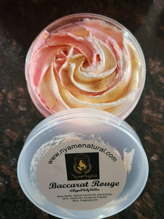 Baccarat Rouge Body Oil in a swirled container showcasing its silky texture and luxurious fragrance.