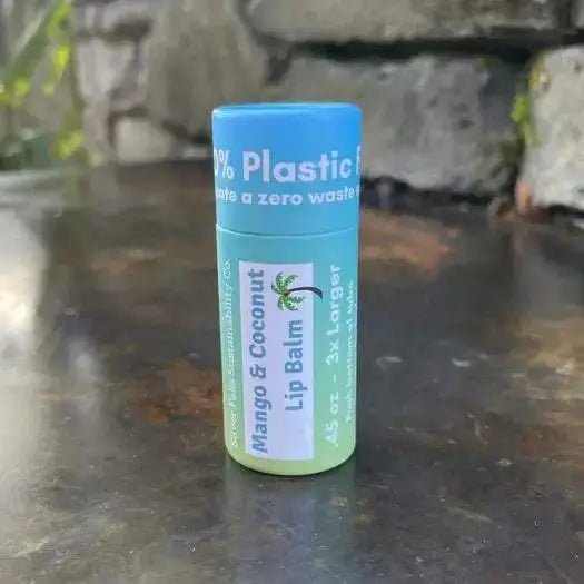 Mango Coconut Lip Balm in eco-friendly packaging, promoting zero waste and crafted from natural ingredients.