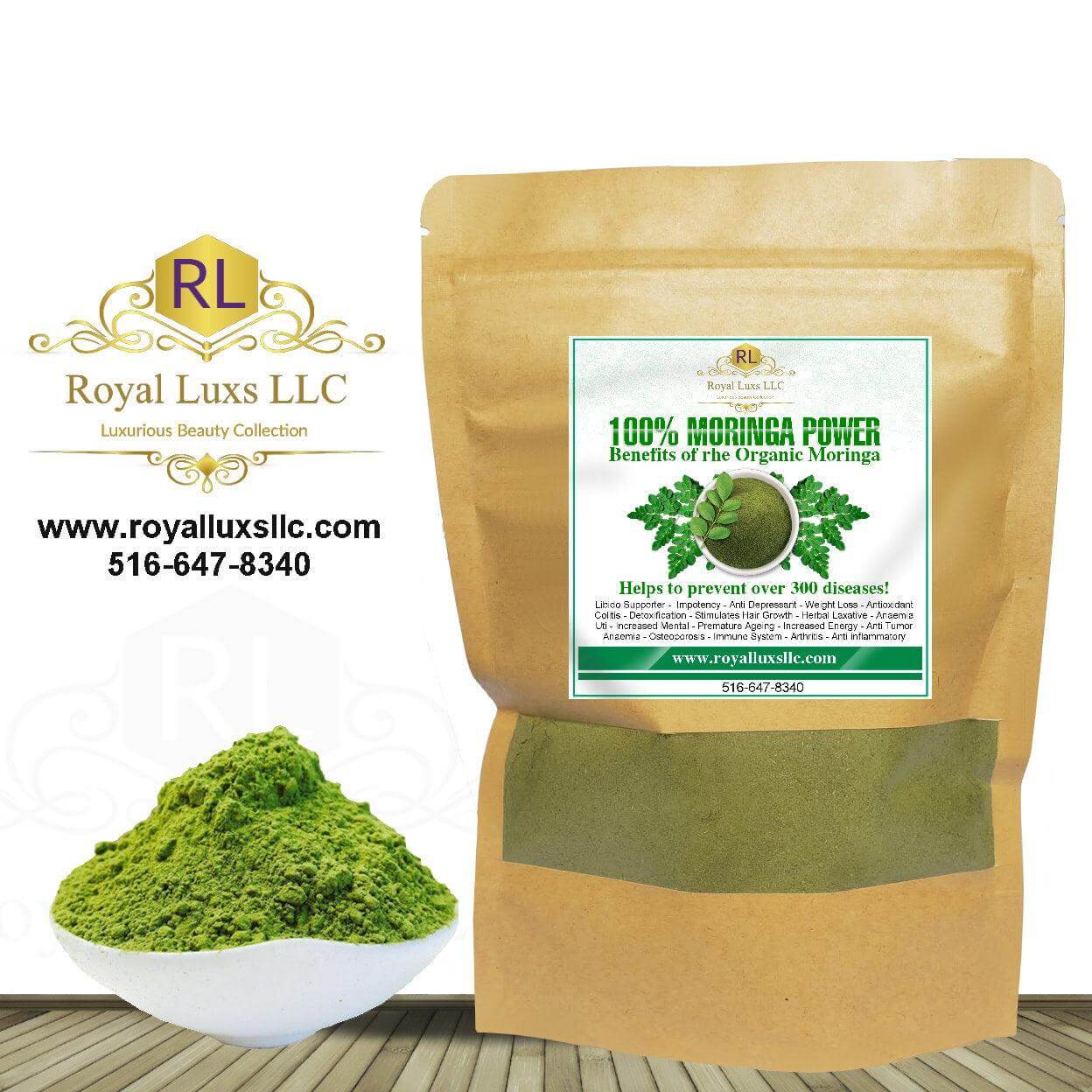 6oz organic moringa leaf powder in a labeled package with green powder in a bowl, rich in nutrients and antioxidants.