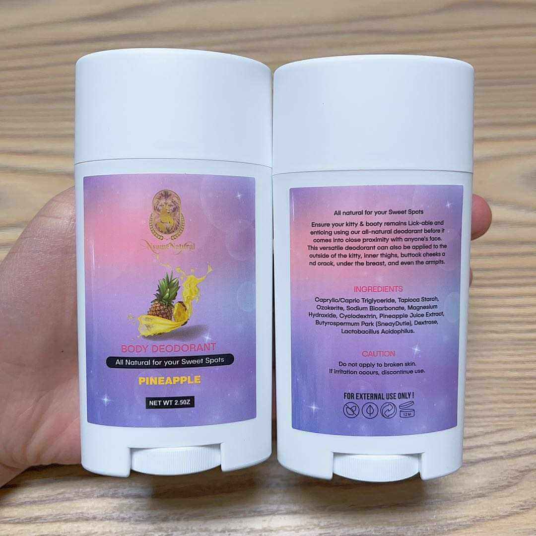 Booty deodorant stick in pineapple flavor showcasing all-natural ingredients and packaging for freshness.