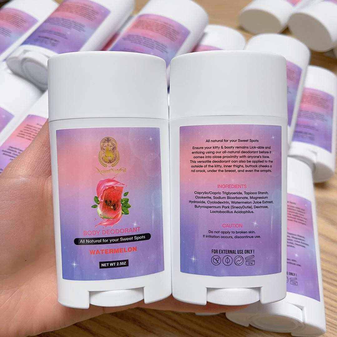 Watermelon Body Deodorant stick, all-natural formula for sweet spots, featuring vibrant packaging and ingredient details.