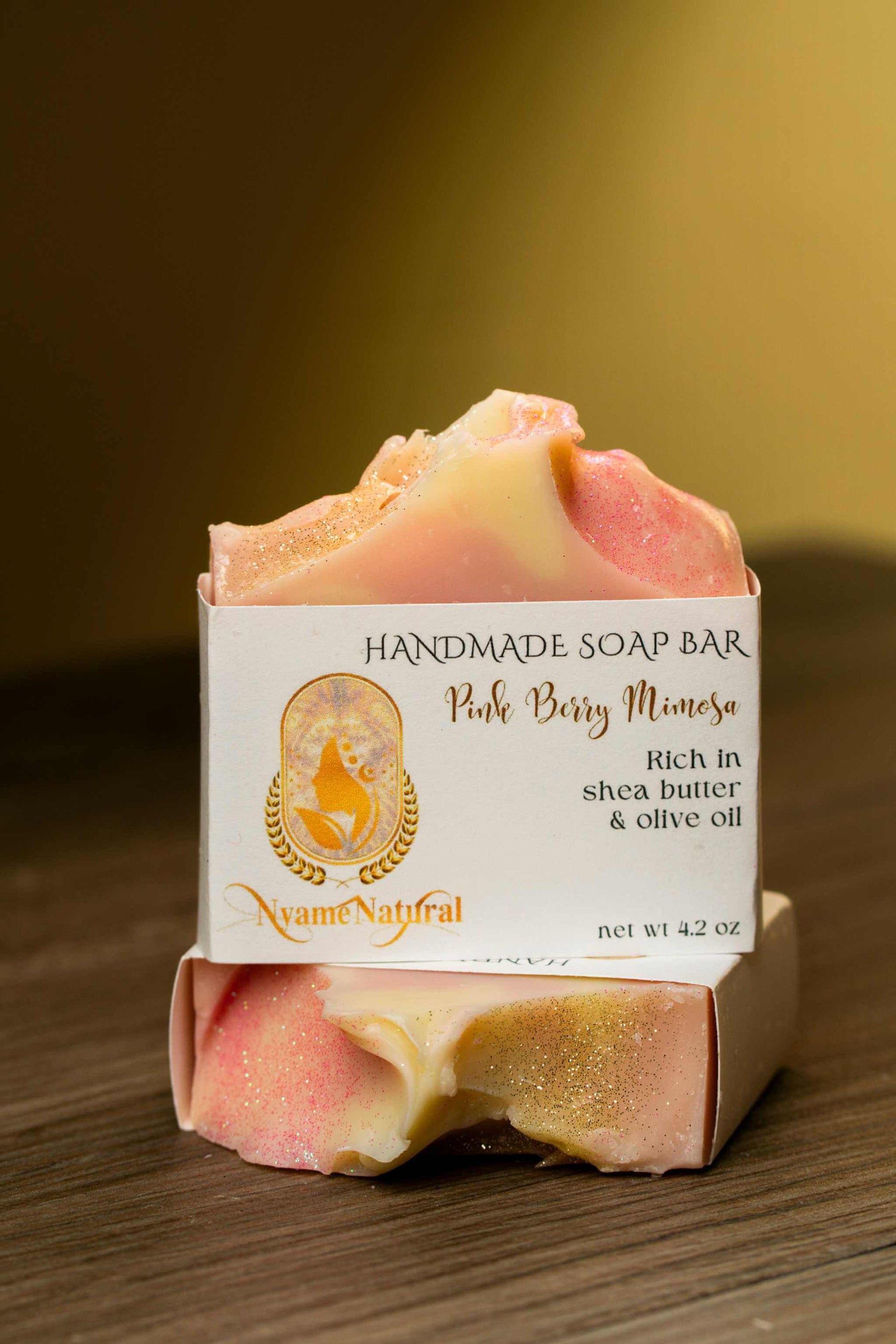 Handmade Pink Berry Mimosa soap bar enriched with shea butter and olive oil for deep moisturization and skincare.