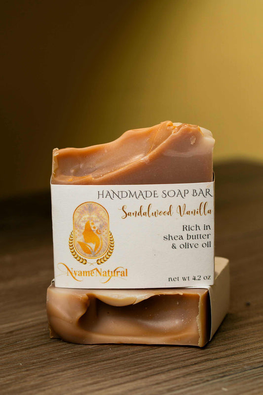 Handmade Sandalwood Vanilla Soap Bar with shea butter and olive oil, perfect for moisturizing your skin.