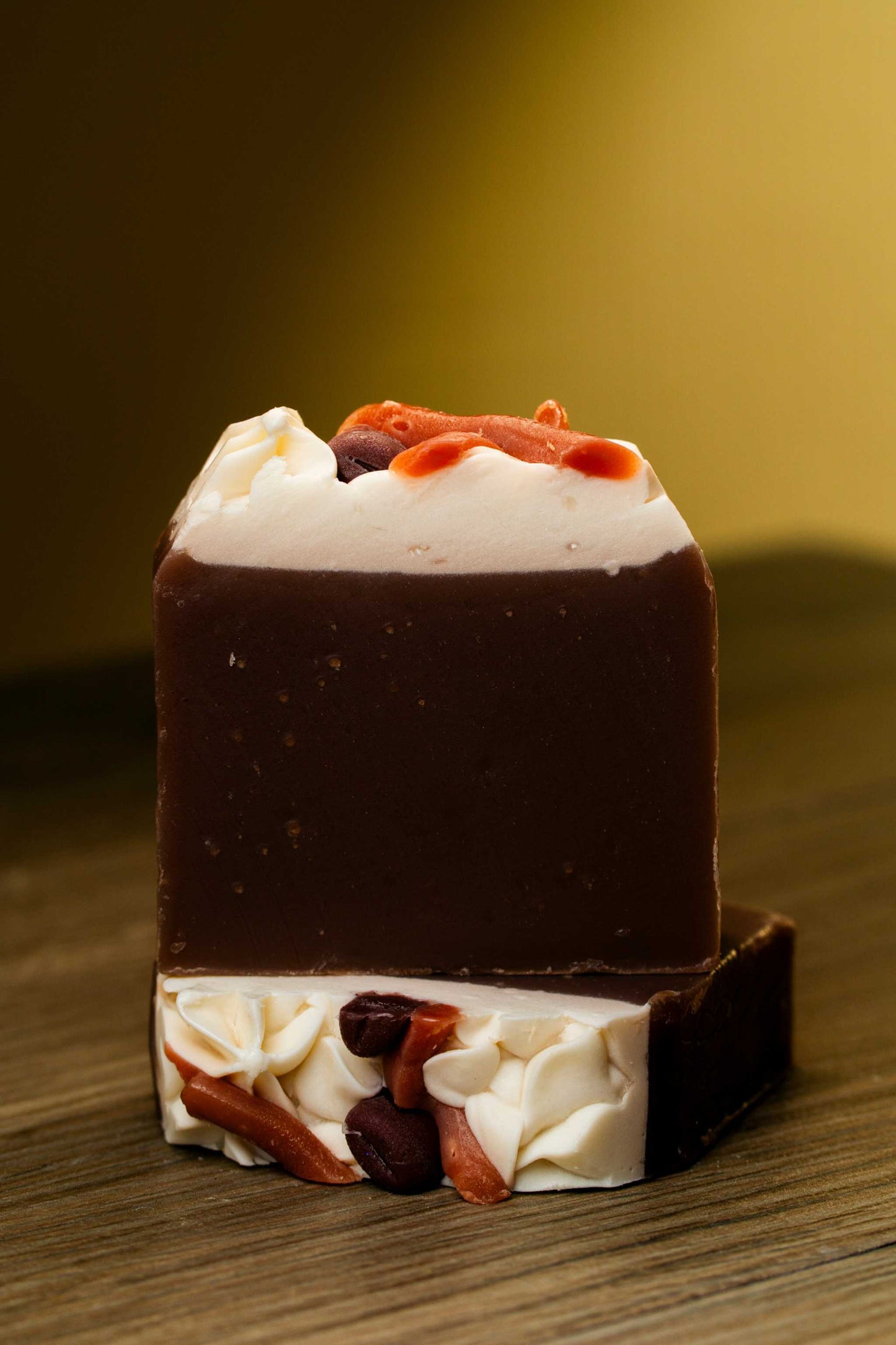 Mocha Latte Soap Bar with rich chocolate and creamy layers, topped with decorative soap accents.