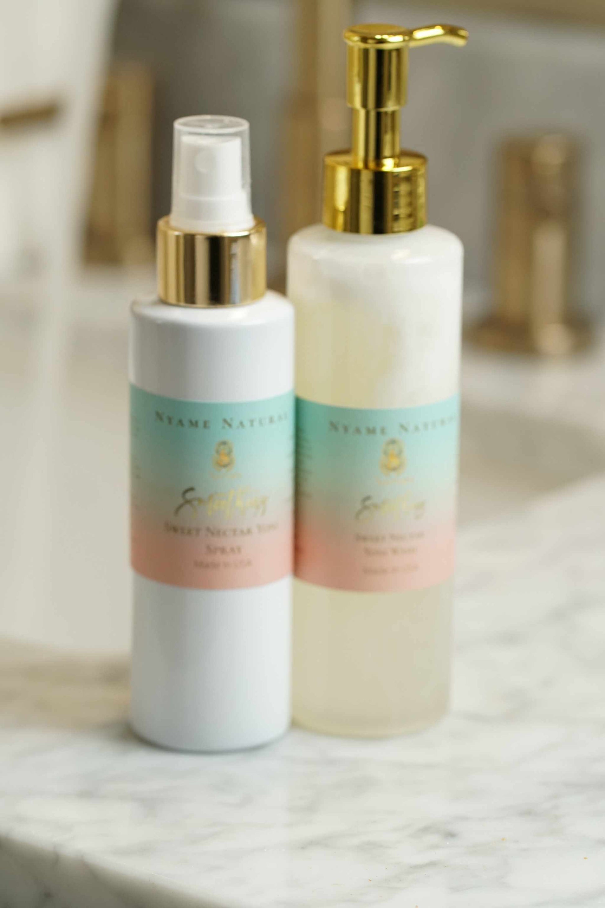 Yoni Sweet Kit featuring Sweet Kittie Yoni Wash and feminine wash on a marble countertop for intimate hygiene.