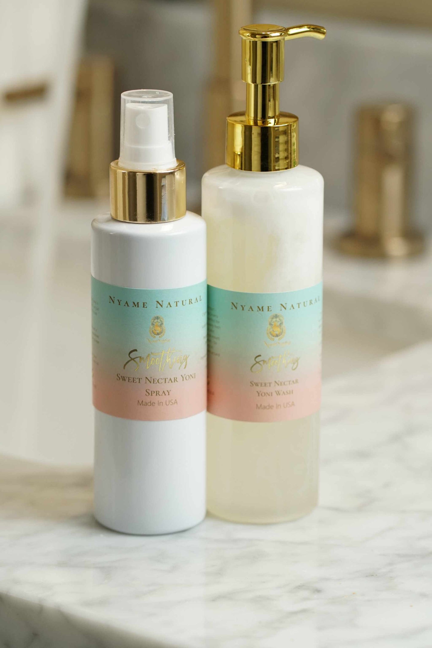 Yoni Sweet Kit featuring Sweet Nectar Yoni Spray and Feminine Wash on marble countertop.