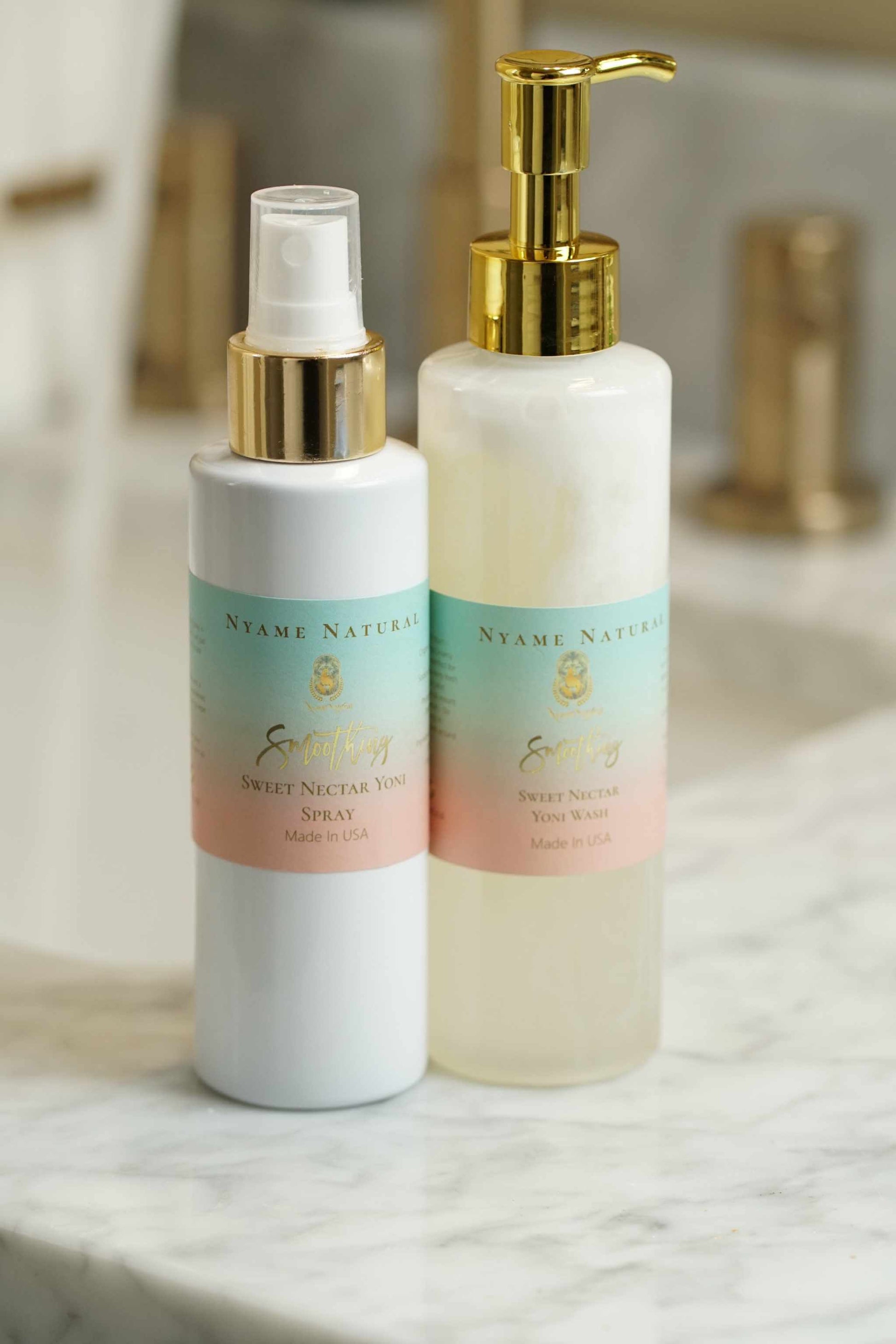 Yoni Sweet Kit featuring Sweet Nectar Yoni Spray and Feminine Wash on marble countertop.