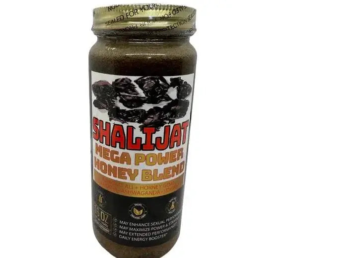 Shilajit Mega Power Honey Blend, a natural energy booster with herbal ingredients for vitality and stamina.