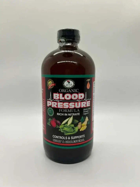 Organic Blood Pressure Formula in a bottle, rich in nitrate, supports healthy blood pressure regulation.
