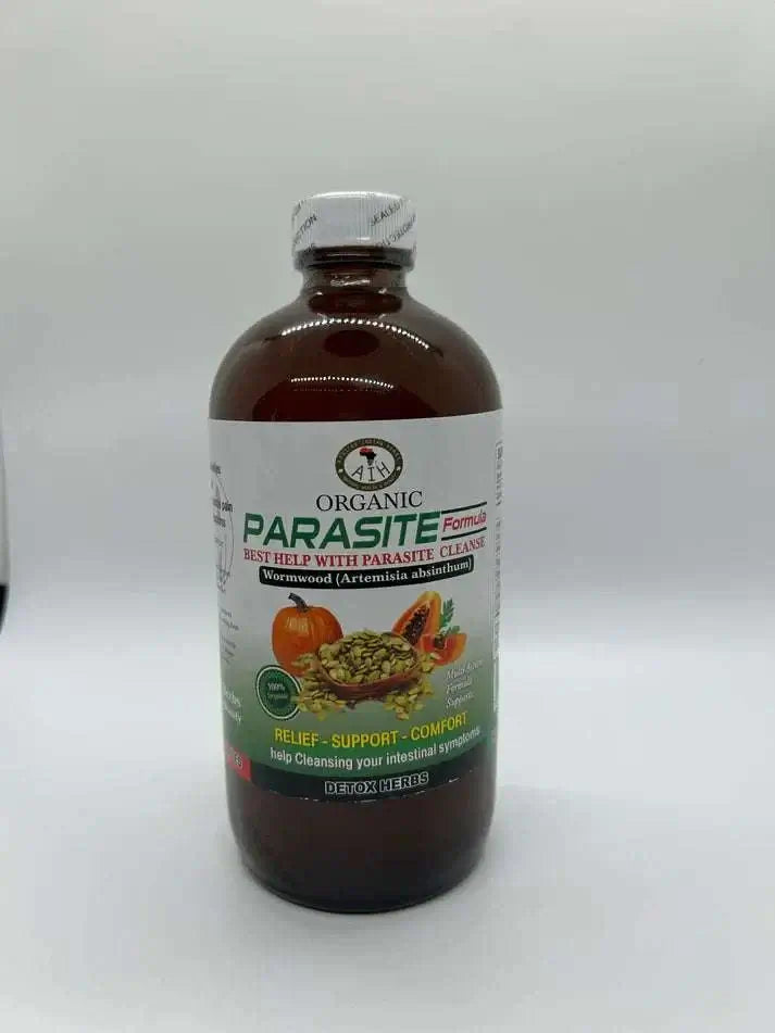 Organic Parasite Formula bottle for detox, supports digestive health and wellness, featuring wormwood and herbal ingredients.
