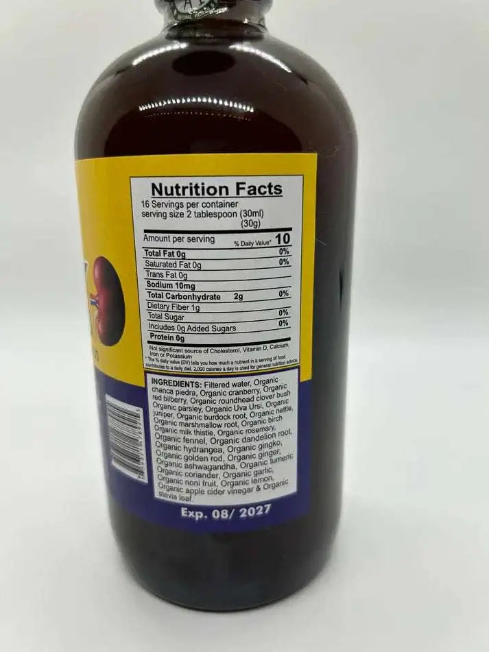 Nutrition facts label for the Kidney Formula product, showing ingredients and serving size details.
