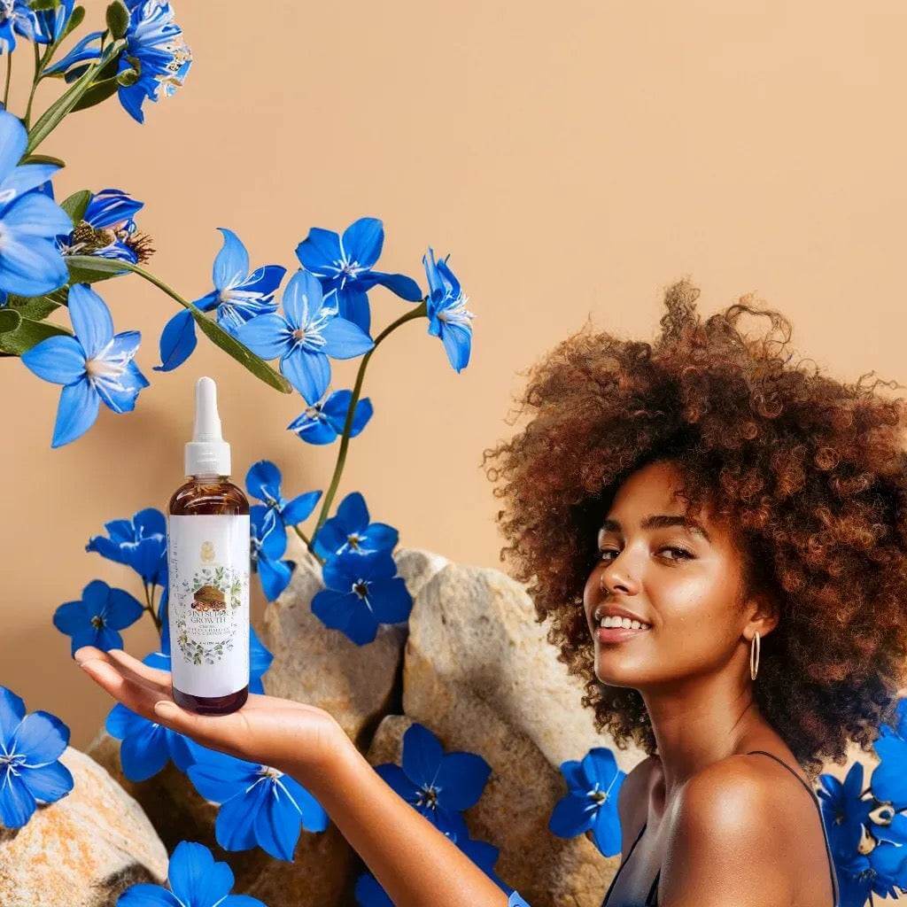 Woman holding 3 in 1 Supergrowth Batana Chebe Haitian Black Castor Oil surrounded by vibrant blue flowers.
