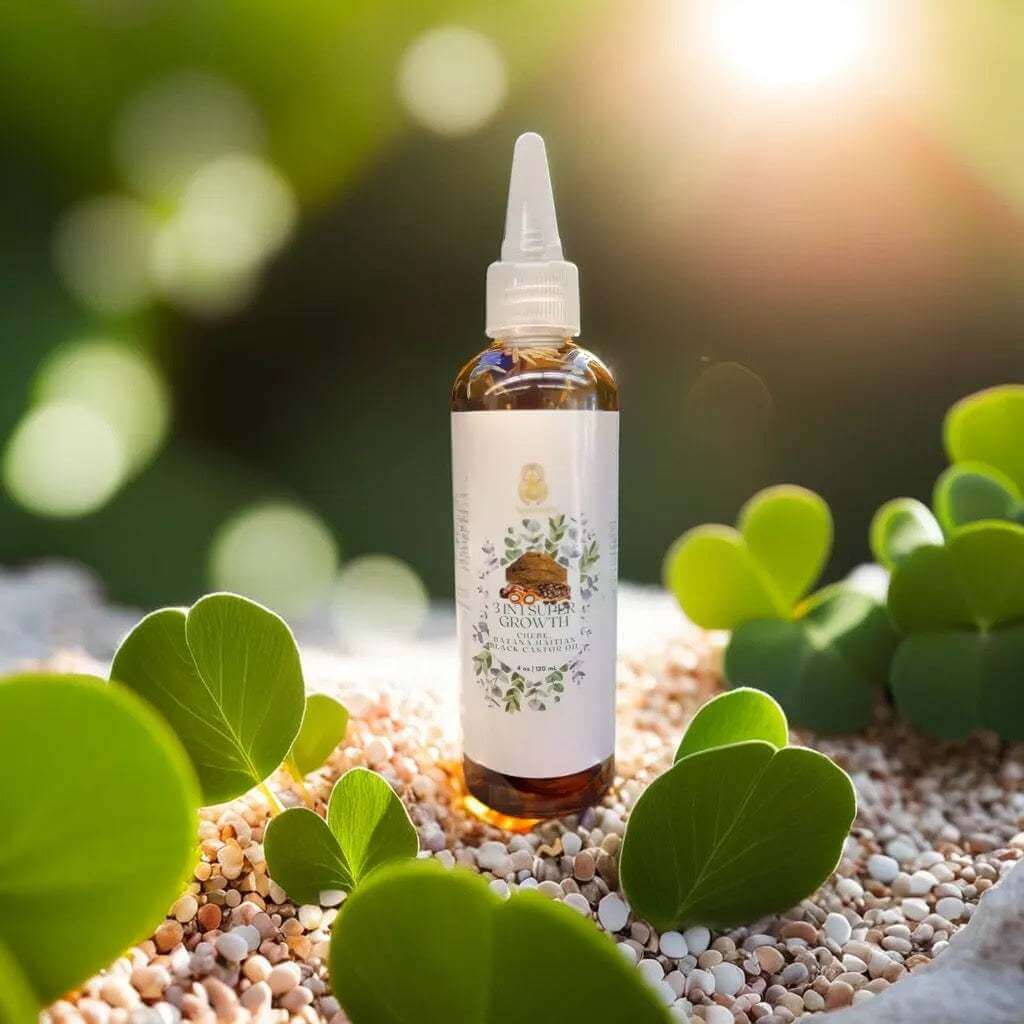 3 in 1 Supergrowth Batana Chebe Haitian Black Castor Oil bottle on a bed of stones surrounded by green leaves, sunlight in background.