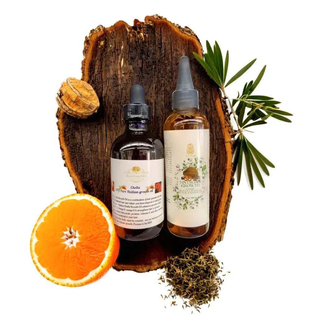 Chella Hair Growth Duo with natural ingredients on wood, featuring Chella Oil and 3 in 1 Super Growth Oil.