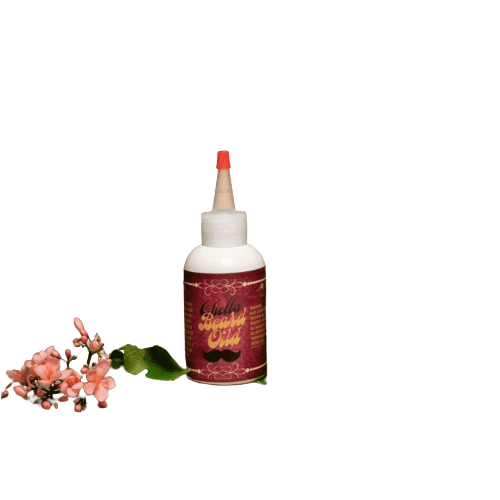 Chella Beard Oil bottle with flowers, natural ingredients for nourishing beard growth and skin protection.