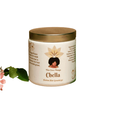Chella Haitian Hair Growth Gel in jar with natural ingredients for healthy hair and scalp nourishment.