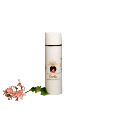 Chella Haitian Hair Growth Mist bottle with floral accents for intensive hair hydration and revitalization.