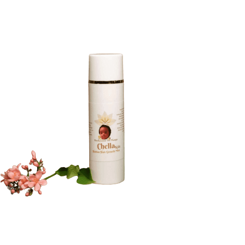 Chella Kidz Haitian Hair Growth Mist bottle with floral accents, promoting deep hydration for healthy hair.