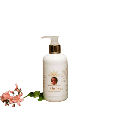 Chella Kidz Haitian Hair Growth Shampoo bottle with floral accents, designed for healthy hair in children.