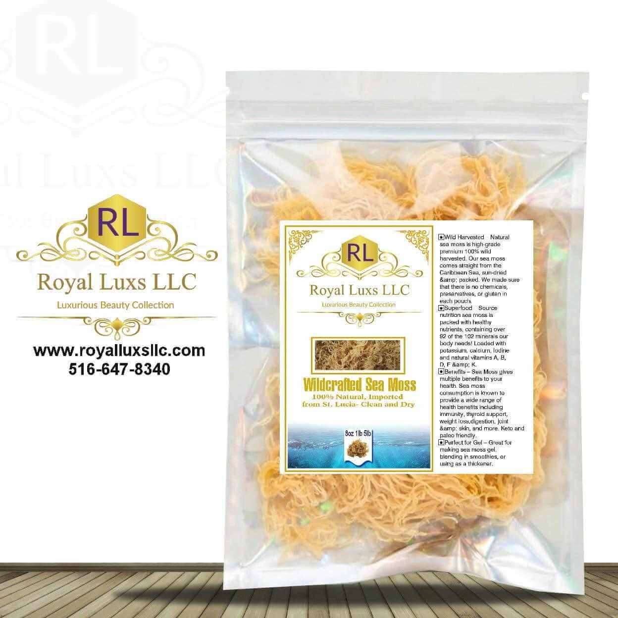 Dr. Sebi's 100% raw wildcrafted sea moss in a clear package, sun-dried, sourced from St. Lucia for health benefits.