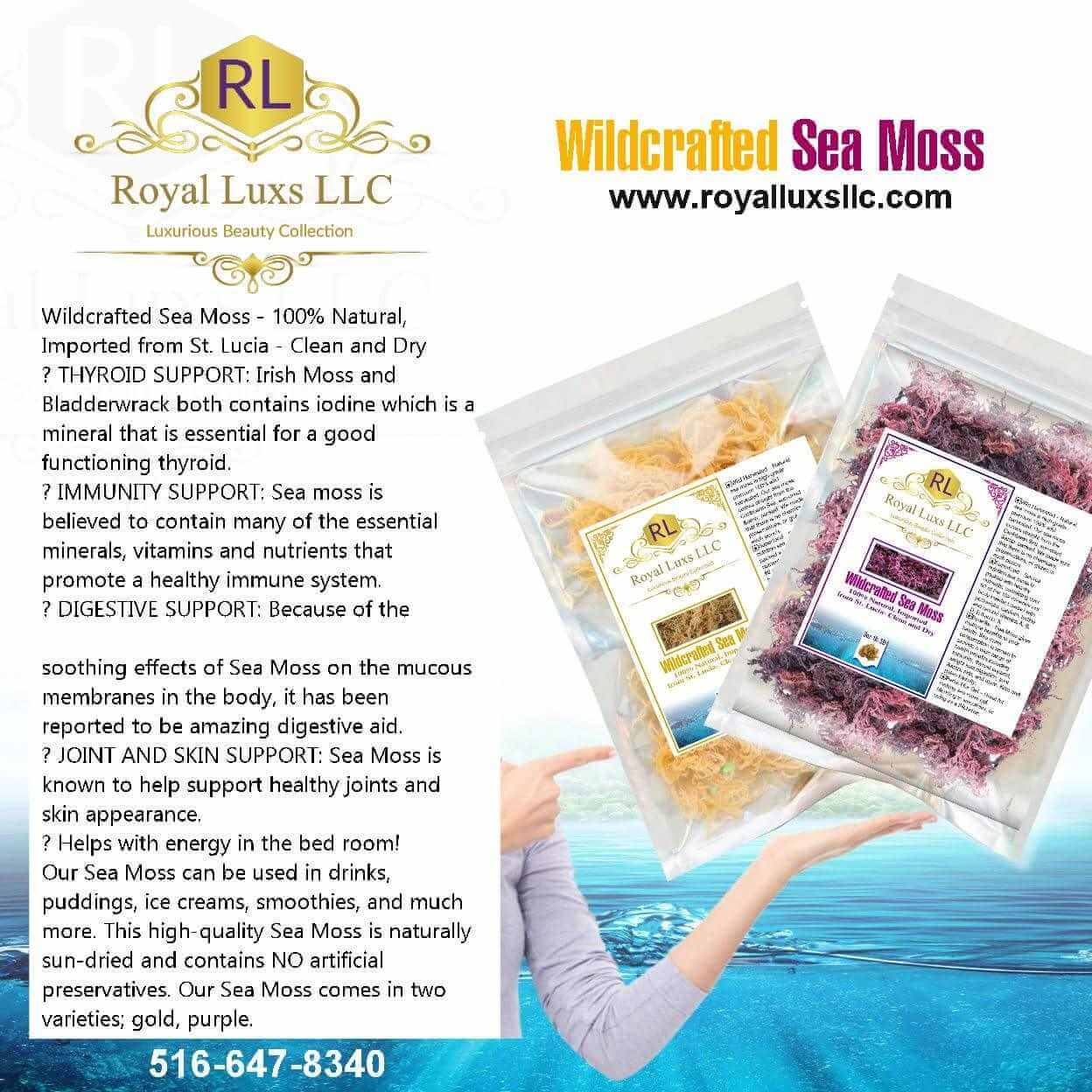 Wildcrafted Sea Moss from Royal Luxs LLC, 100% natural, imported from St. Lucia, promoting health and vitality.
