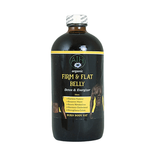 Bottle of organic Firm & Flat Belly detox tonic for weight loss and body cleansing.