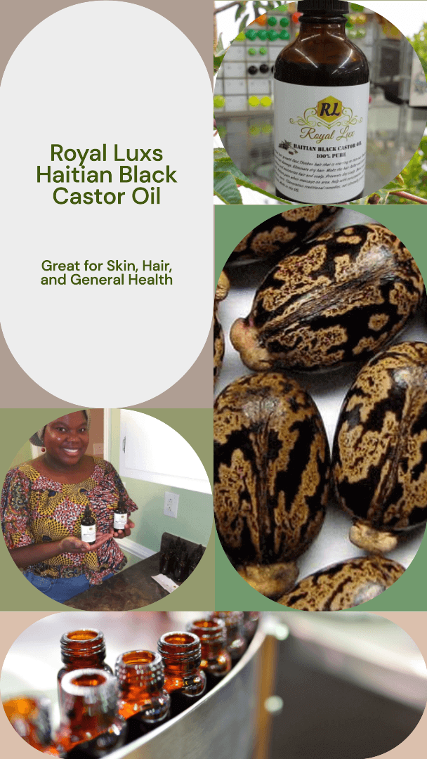 Royal Luxs Haitian Black Castor Oil bottle and natural castor seeds for healthy skin and hair.