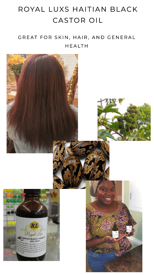 Royal Luxs Haitian Black Castor Oil collage showcasing benefits for hair, skin, and overall health.