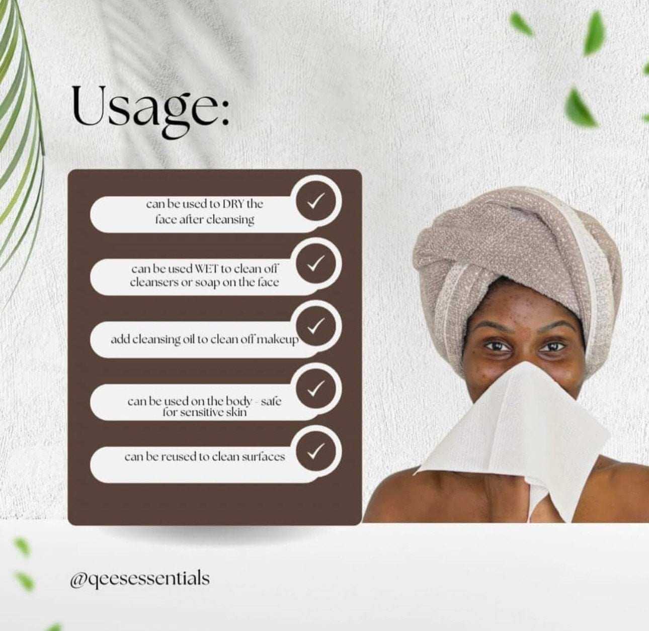 Usage guide for biodegradable face towels for cleansing and makeup removal, showcasing various uses.