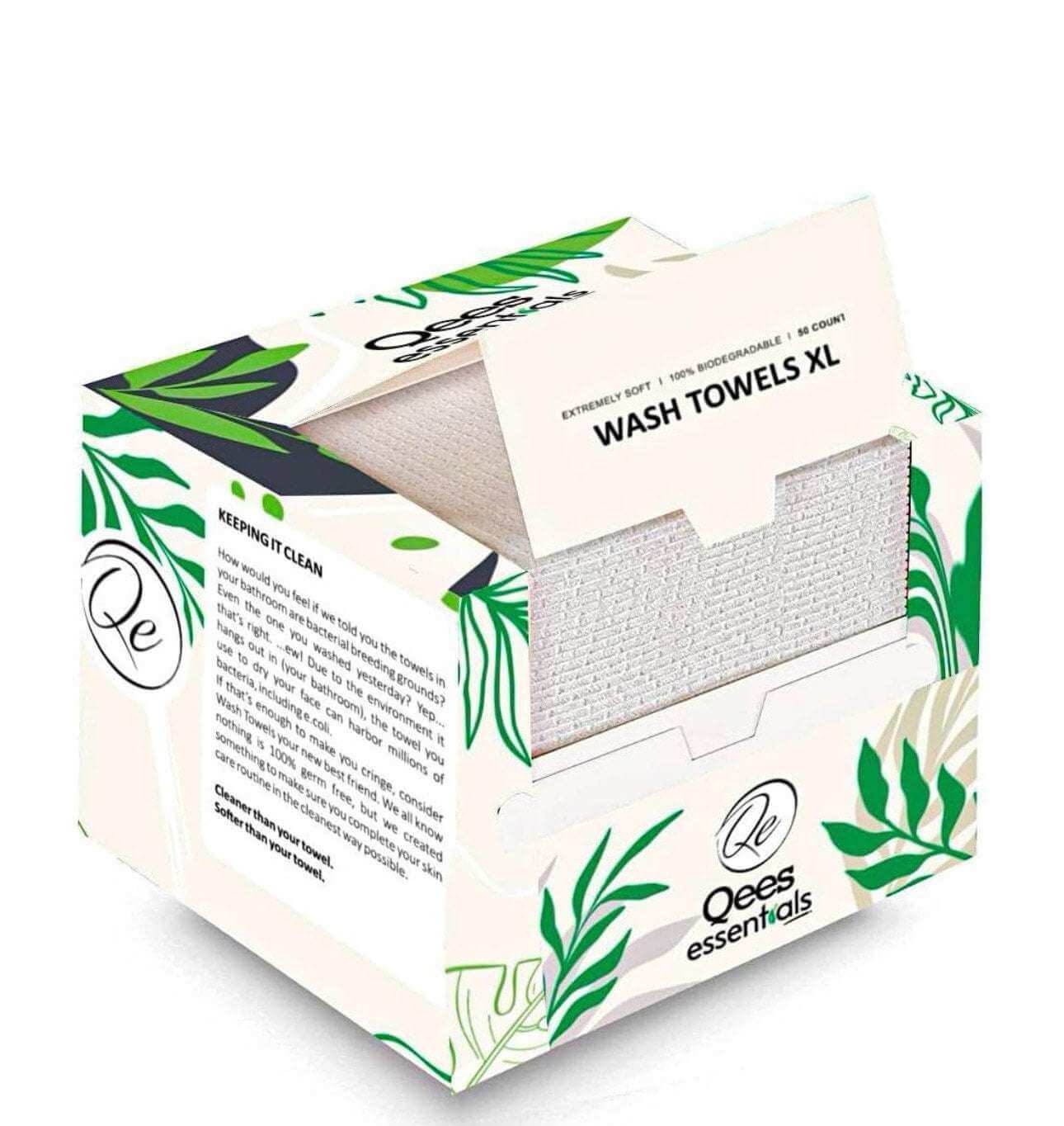 Eco-friendly biodegradable face towels packaging with tropical design for makeup removal and skincare routines.