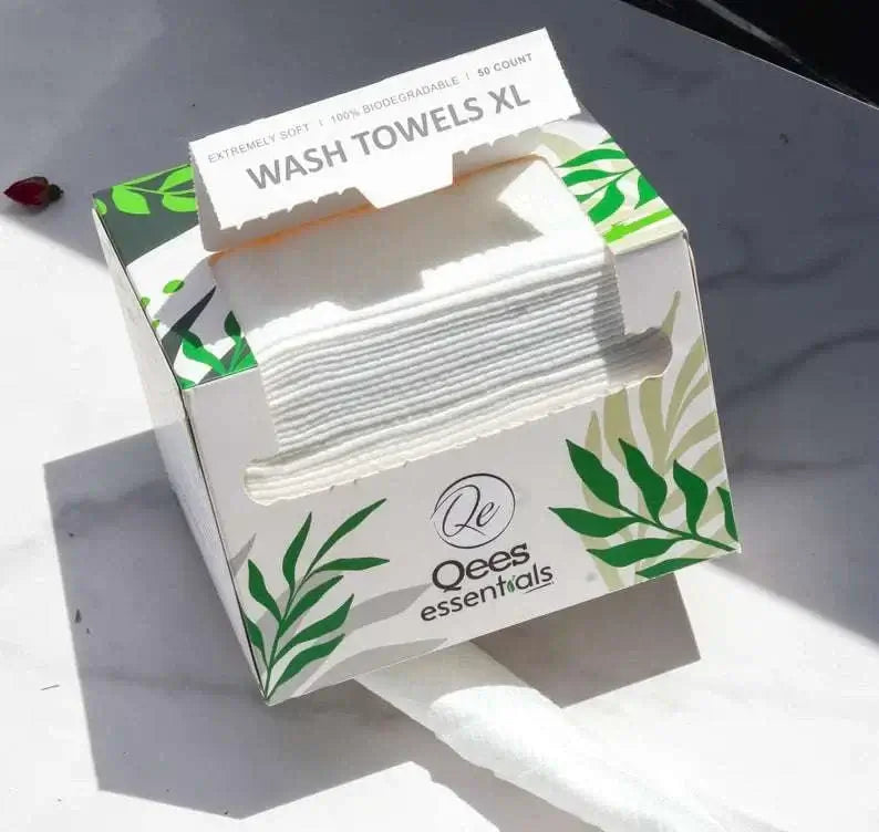 Biodegradable face towels packaging, perfect for eco-friendly makeup removal and skincare.