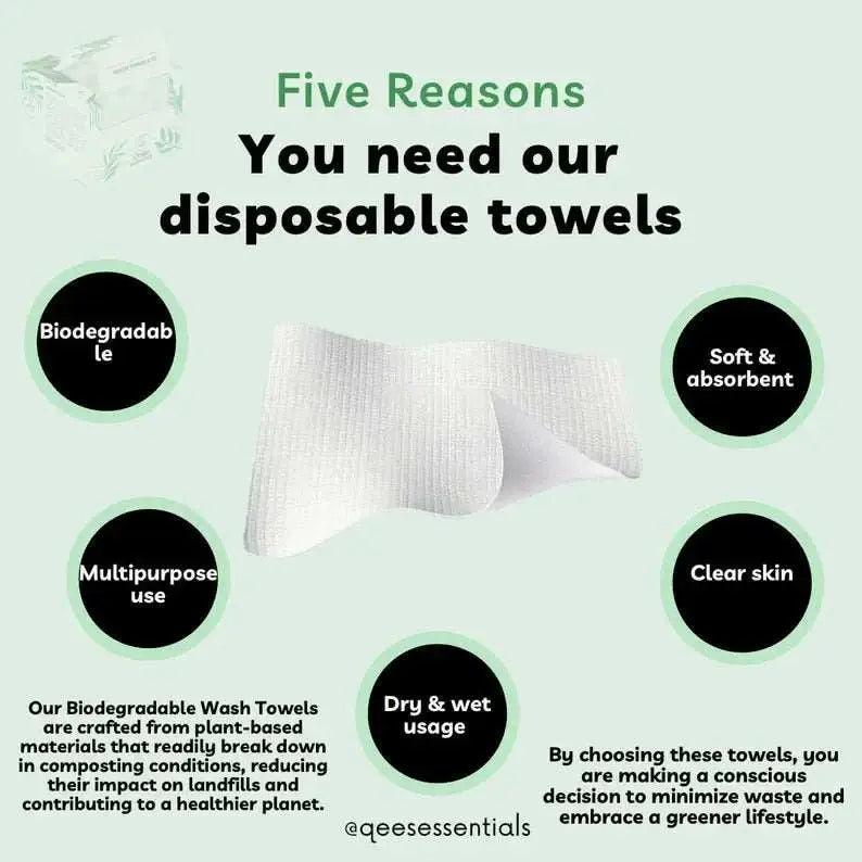 Infographic highlighting reasons to use biodegradable disposable towels: eco-friendly, soft, versatile, wet/dry use, promotes clear skin.