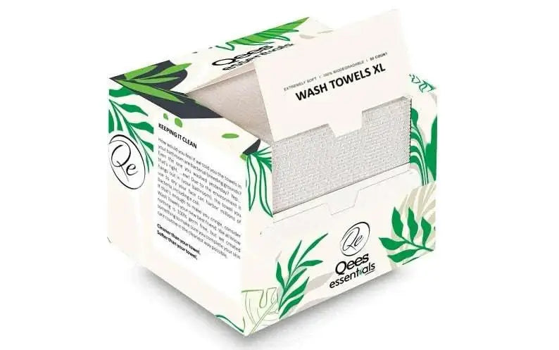 Eco-friendly biodegradable face towels packaging with lush green design for makeup removal and daily skincare.
