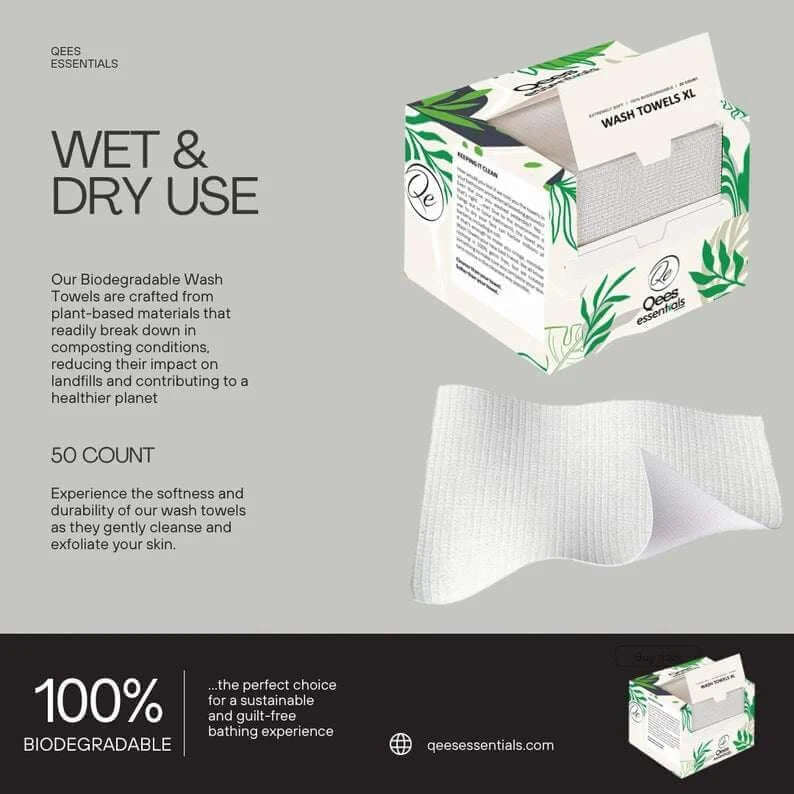 Biodegradable wash towels package, eco-friendly, 50 count, perfect for wet and dry use with a sustainable design.