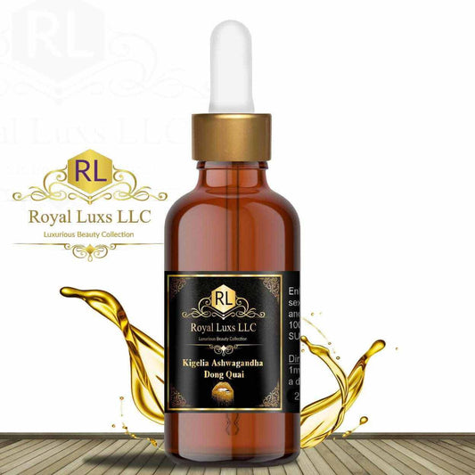 Kegilia Ashwagandha Dong Quai supplement drops in a stylish amber bottle with dropper, promoting wellness and vitality.
