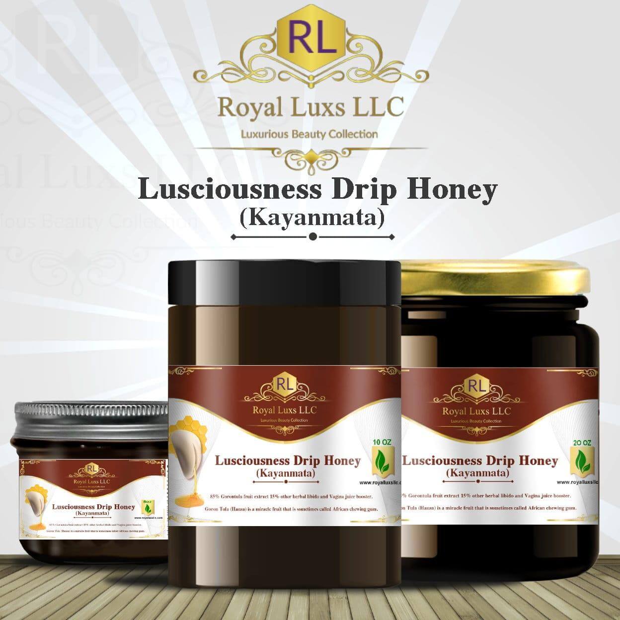 Lusciousness Drip Honey Kayanmata jars from Royal Luxs LLC showcasing luxurious beauty collection.