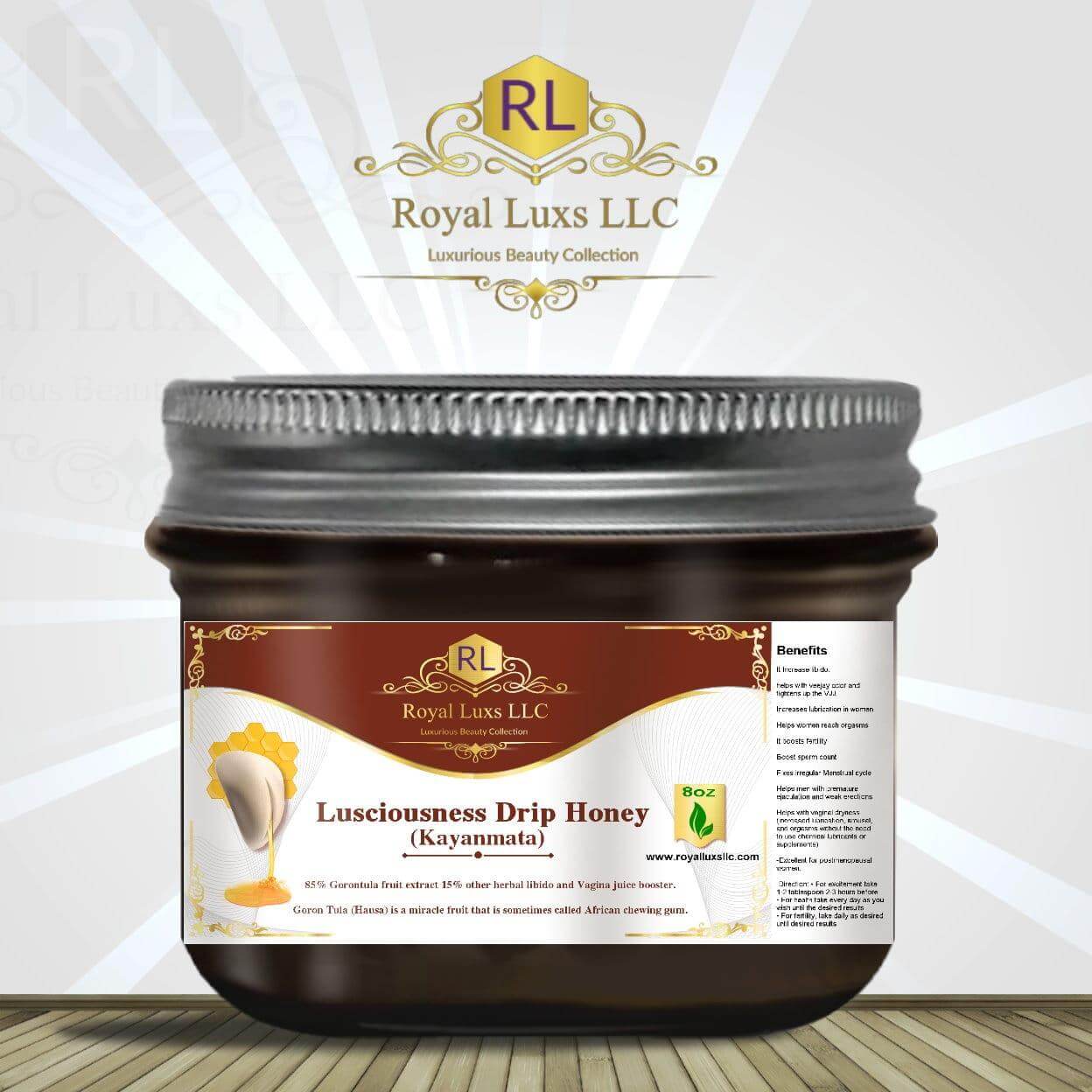 Lusciousness Drip Honey Kayamata in a jar highlighting Goron Tula fruit extract and herbal ingredients.