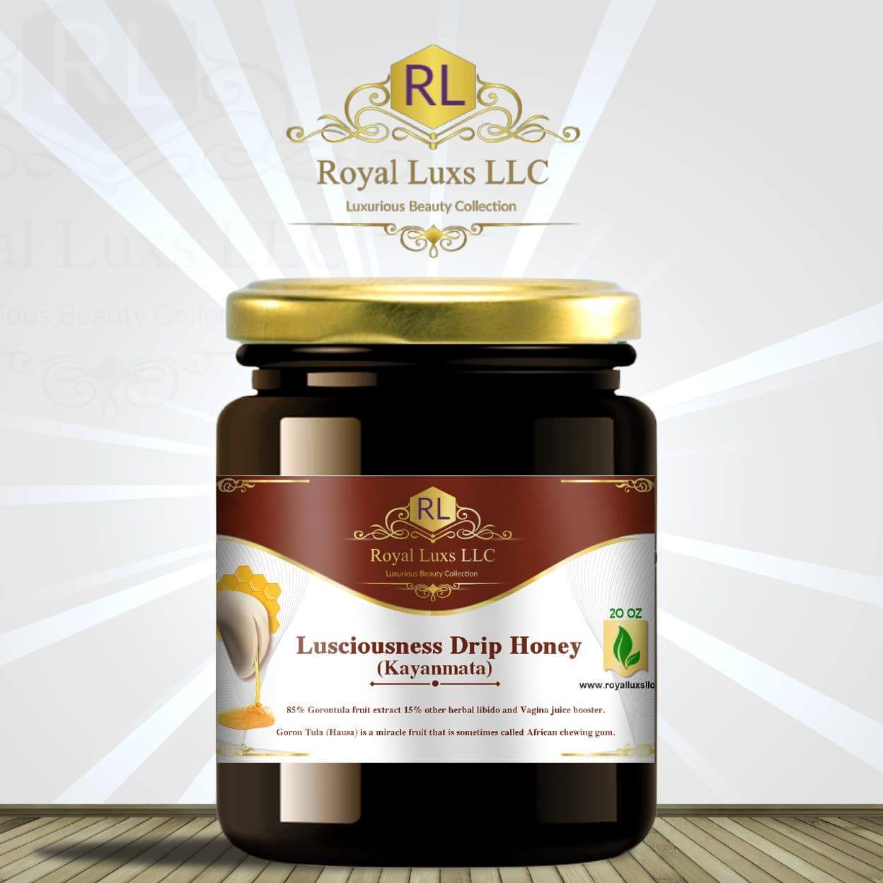 Lusciouness Drip Honey Kayanmata in a black jar with a gold lid, featuring Goron Tula fruit extract for wellness.