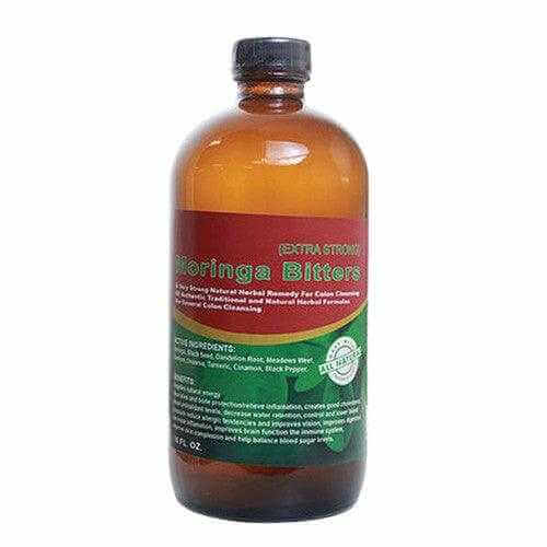 Moringa Bitters 16 oz bottle, a herbal tonic for health and wellness derived from the Miracle Tree, Moringa.